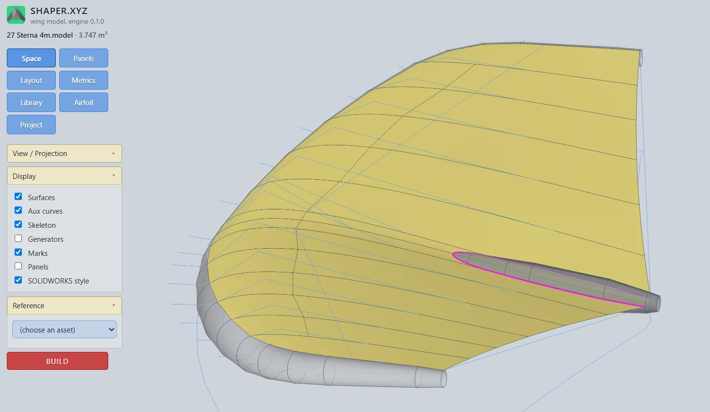 SHAPER.XYZ in the browser: 3D model of an inflatable wingfoil wing with its panel seams