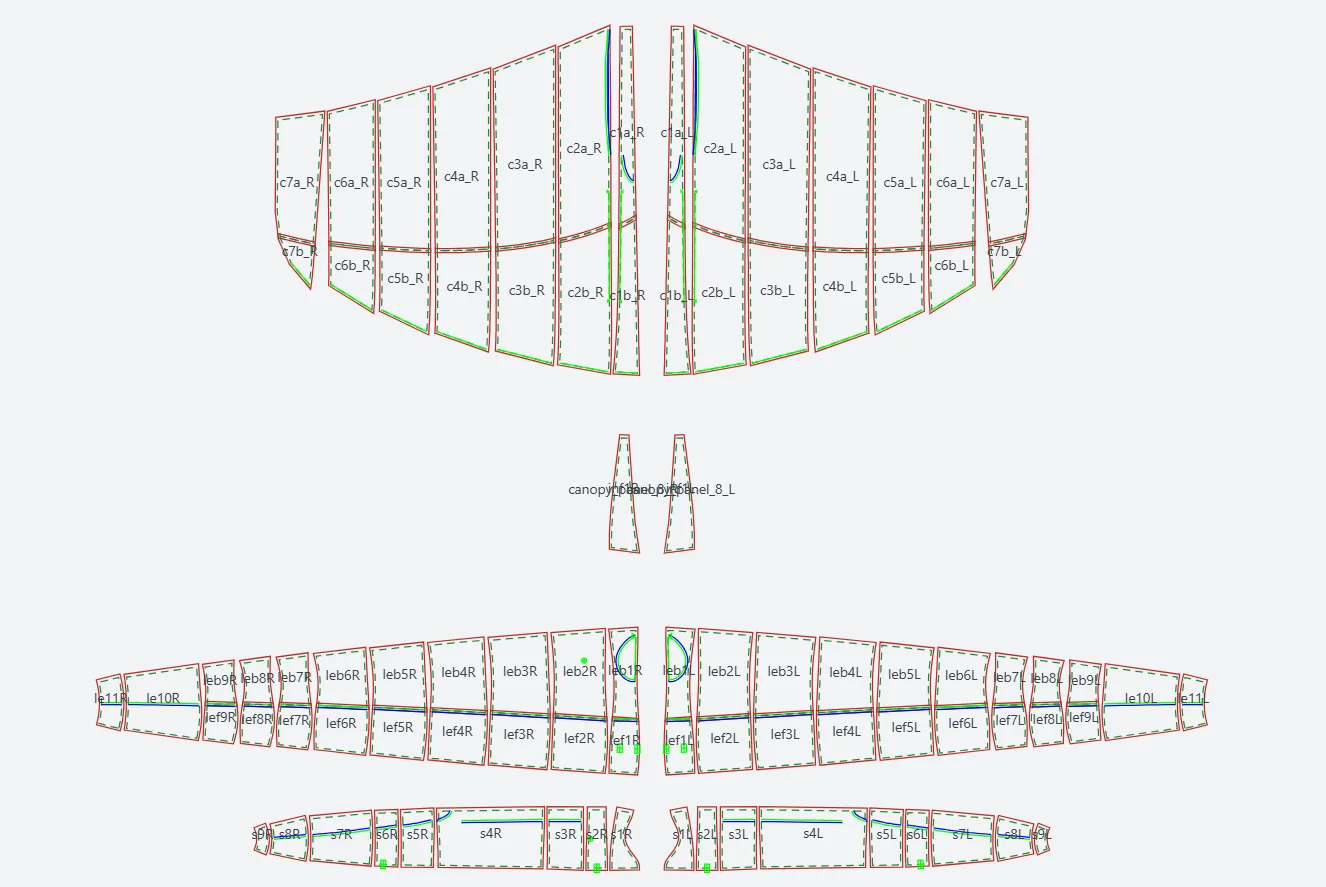 Flat production panels of a wingfoil wing, unrolled by SHAPER.XYZ with seams and labels